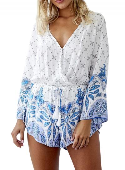 Oasap Women's Fashion Deep V Neck Drawstring Waist Printed Romper