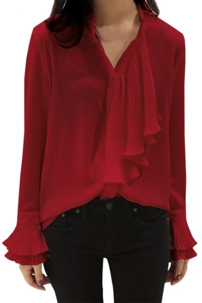 Oasap Women's Casual Flounce Cuff Button Down Chiffon Shirt
