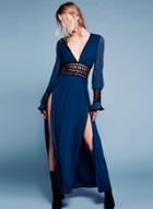 Oasap Deep V Neck Flare Sleeve Lace Panel High Slit Dress