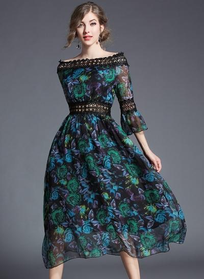 Oasap Slash Neck Flare Sleeve Floral Printed Dress