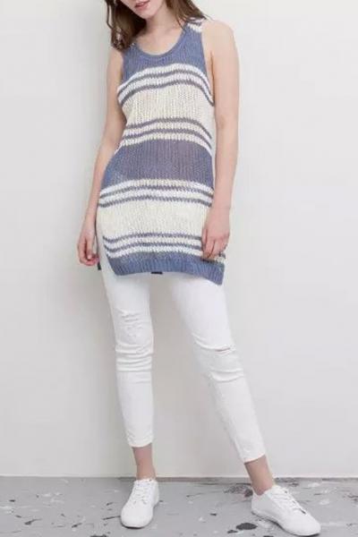 Oasap Sleeveless Stripe Knitted Split Long Sweater