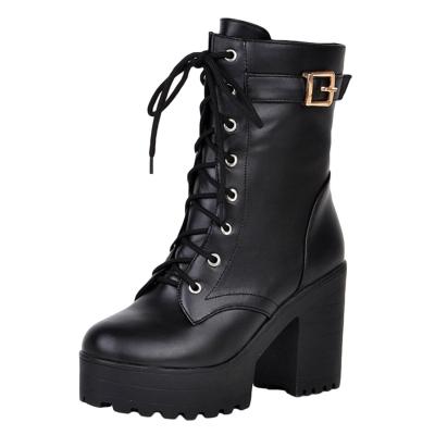 Oasap Buckle Strap Round Toe Lace Up Platform Boots