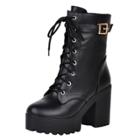 Oasap Buckle Strap Round Toe Lace Up Platform Boots