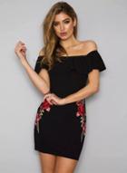 Oasap Off Shoulder Ruffle Rose Embroidery Bodycon Dress