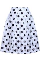 Oasap Black White Polka Dot Print Organza Pleated Swing Skirt