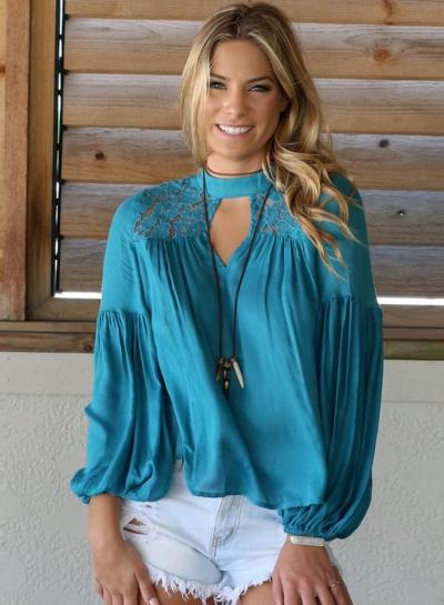 Oasap Lantern Sleeve Lace Panel Hollow Out Blouse