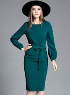 Oasap Solid Lantern Sleeve Party Dress With Belt