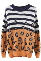 Oasap Fashion Stripe Leopard Print Ribbed Trim Sweater