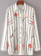 Oasap Turn Down Collar Striped Floral Embroidery Shirt