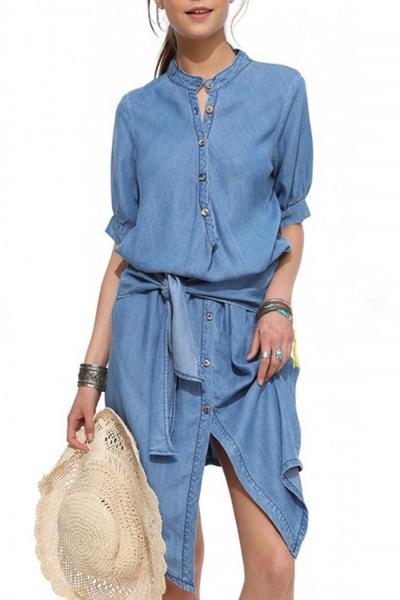 Oasap Sweet High Low Round Neck Button Denim Dress