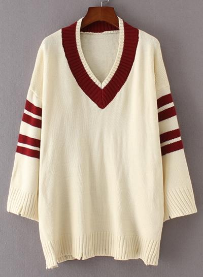 Oasap V Neck Long Sleeve Color Splicing Sweater