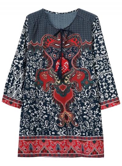 Oasap Women's V Neck Ethnic Print Long Sleeve Shift Dress