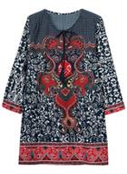 Oasap Women's V Neck Ethnic Print Long Sleeve Shift Dress