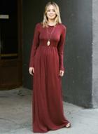 Oasap Solid Color Long Sleeve High Waist Round Neck Long Dress
