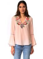 Oasap V Neck Floral Embroidery Flare Sleeve Blouse