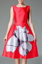 Oasap Elegant Floral Printed Sleeveless Midi Dress