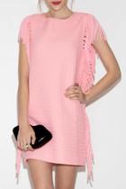 Oasap Sweet Textured Tasseled Zip Back Round Neck Dress