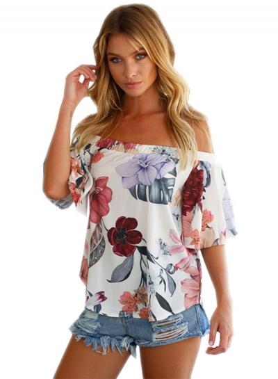 Oasap Floral Print Off Shoulder Short Sleeve Blouse