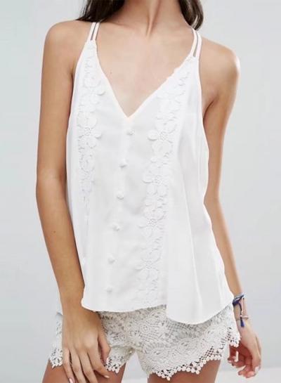 Oasap Fashion Spaghetti Strap Floral Lace Solid Tank