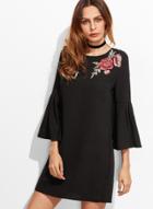 Oasap Casual Round Neck Flare Sleeve Floral Embroidery Dresses