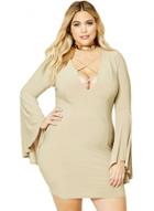 Oasap Plus Size Caged Flare Sleeves Dress