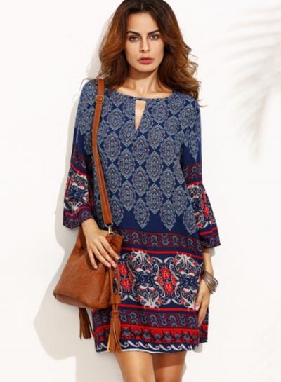 Oasap Vintage Long Sleeve Pattern Print Mini Dress