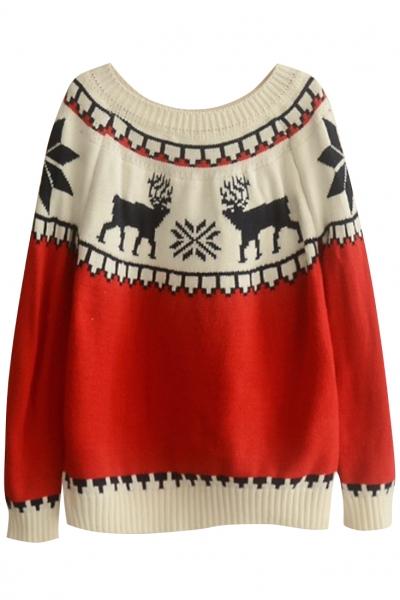 Oasap Sweet Elk Pattern Round Neck Ribbed Sweater