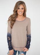 Oasap Round Neck Long Sleeve Lace Panel Tee Shirt
