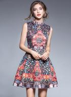 Oasap Stand Collar Sleeveless Floral Printed Dresses