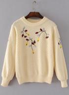 Oasap Round Neck Long Sleeve Floral Embroidery Sweater