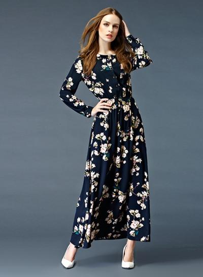 Oasap Floral Print Elastic Waist Long Sleeve Button Down Maxi Dress