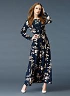 Oasap Floral Print Elastic Waist Long Sleeve Button Down Maxi Dress