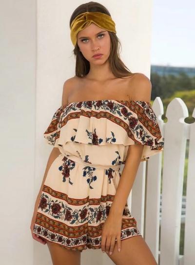 Oasap Off Shoulder Ruffle Floral Printed Tie Waist Romper