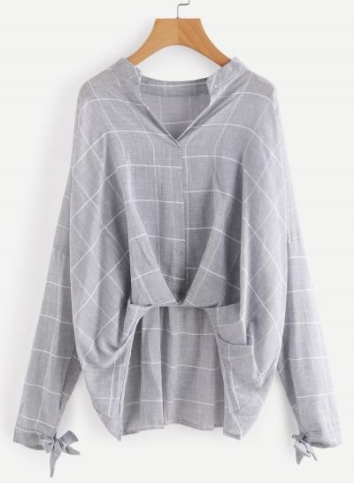 Oasap Stand Collar Long Sleeve Plaid Pullover Blouse