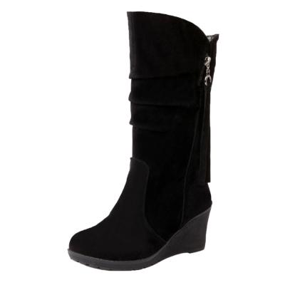 Oasap Round Toe Wedge Heels Solid Color Mid-calf Boots