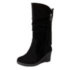 Oasap Round Toe Wedge Heels Solid Color Mid-calf Boots