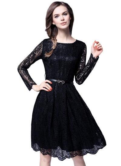 Oasap Women's Lace Trim Scalloped Hem A-line Dress With Belted