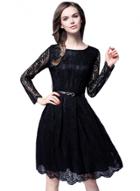 Oasap Women's Lace Trim Scalloped Hem A-line Dress With Belted