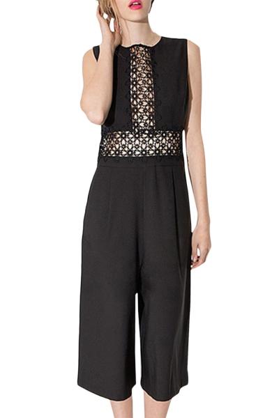 Oasap Women's Sleeveless Lace Paneled Ninth Wide Leg Jumpsuit