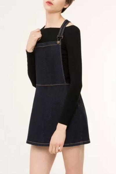 Oasap Casual Deep Blue Denim Mini A-line Overall Dress