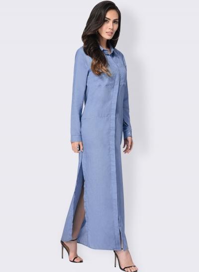 Oasap Turn Down Collar Long Sleeve Slit Maxi Dress