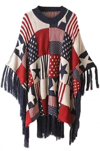 Oasap Star Stripe Print Pullover Knit Batwing Sweater