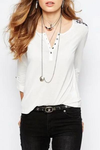 Oasap National Wind Embroidery Button Front Round Neck Blouse