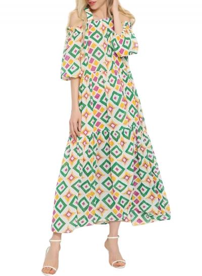 Oasap Women's Strappy Cold Shoulder Multicolored Print Maxi Beach Dress