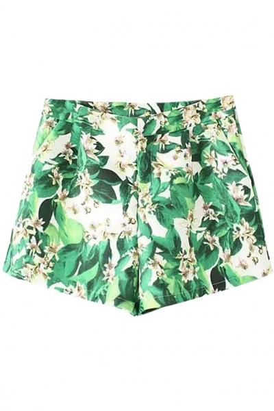 Oasap Green Foliage Print High Rise Shorts