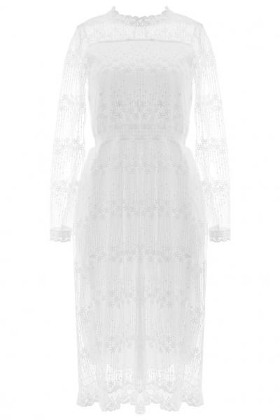 Oasap White Sheer Mesh Lace Midi Dress