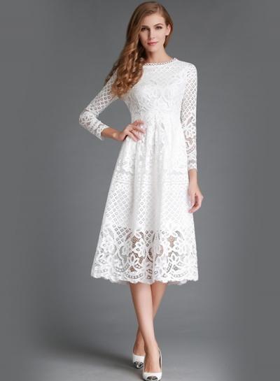 Oasap Round Neck Lace Panel Long Sleeve Midi Dress