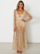 Oasap Deep V Neck Long Sleeve Sequins Maxi Dresses