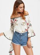 Oasap Slash Neck Floral Print Flare Sleeve Blouse