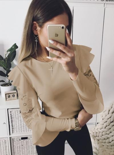 Oasap Round Neck Flare Sleeve Lace Splicing Tee Shirt